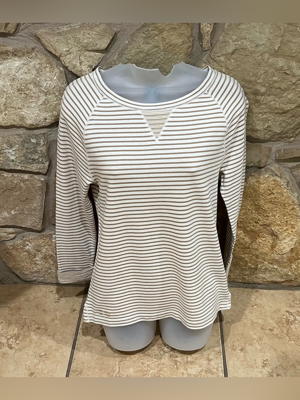 Lauren Ralph Lauren Khaki Tan & Cream Striped Blouse XS Classic Vintage Logo LRL